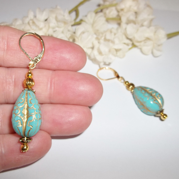 Earrings, Turquoise Earrings, Turquoise Blue and Gold Earrings, Earring Set 7768 - Picture 6 of 10